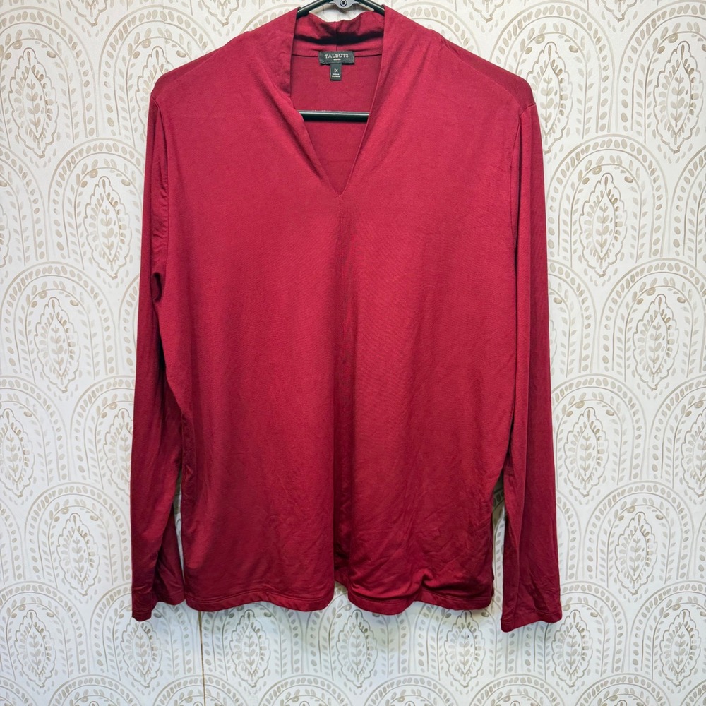 Talbots Knit Top Womens 1X‎ Red Split Neck Long Sleeve Rayon Blend Casual Solid